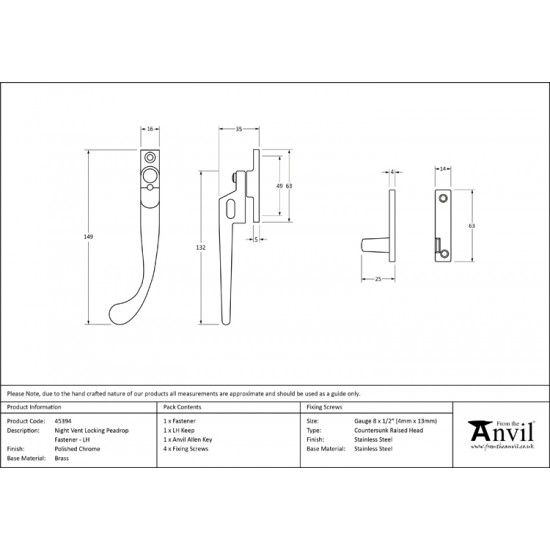 From the Anvil Cast Night Vent Peardrop Fastener Left Handed - Locking