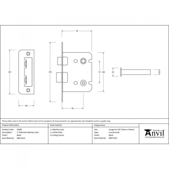 From the Anvil 3" Bathroom Mortice Lock