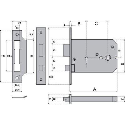 3 Lever Horizontal Mortice Lock - G3011