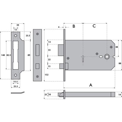 3 Lever Horizontal Mortice Lock - G3012