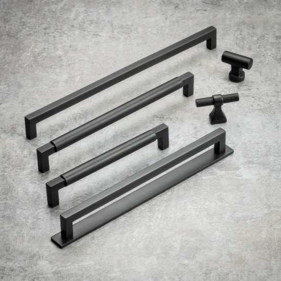 Slim Square Bar Cabinet Pull on a Backplate