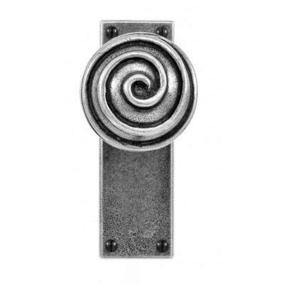 Finesse Design Swirl Range Door Knob on a Latch Back Plate in Pewter