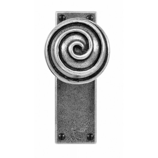 Finesse Design Swirl Range Door Knob on a Latch Back Plate in Pewter