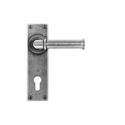 Finesse Design Wexford Range Door Handle on a Long Back Plate Euro Lock set in Pewter